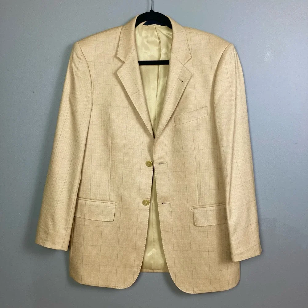 Baroni‎ Couture Sport Coat  Size 38R Tan Camel Plaid Wool Blazer light neutrals